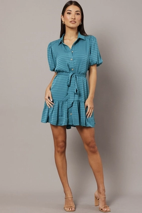 Green Fit And Flare Dress Short Sleeve Mini