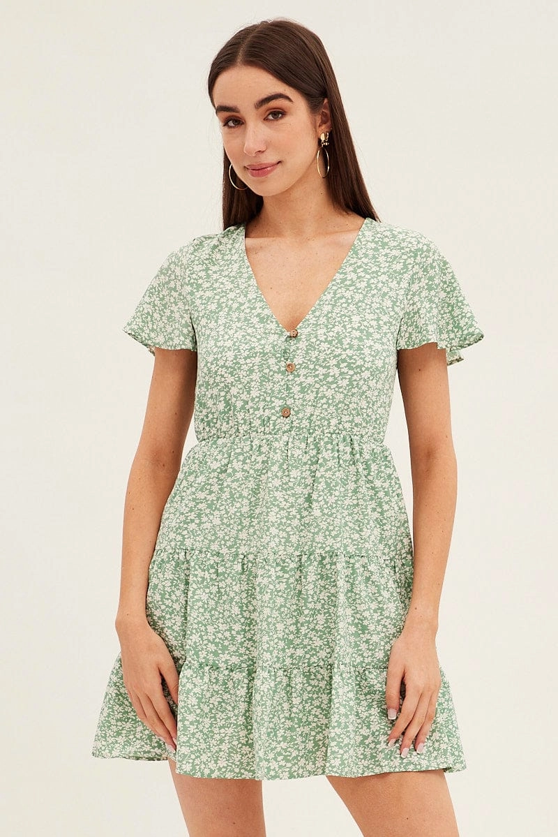 Green Floral Button Front Short Sleeve Mini Skater Dress
