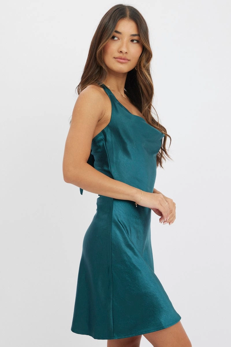 Green Mini Dress Cowl Neck Satin