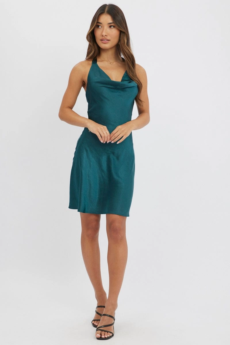 Green Mini Dress Cowl Neck Satin