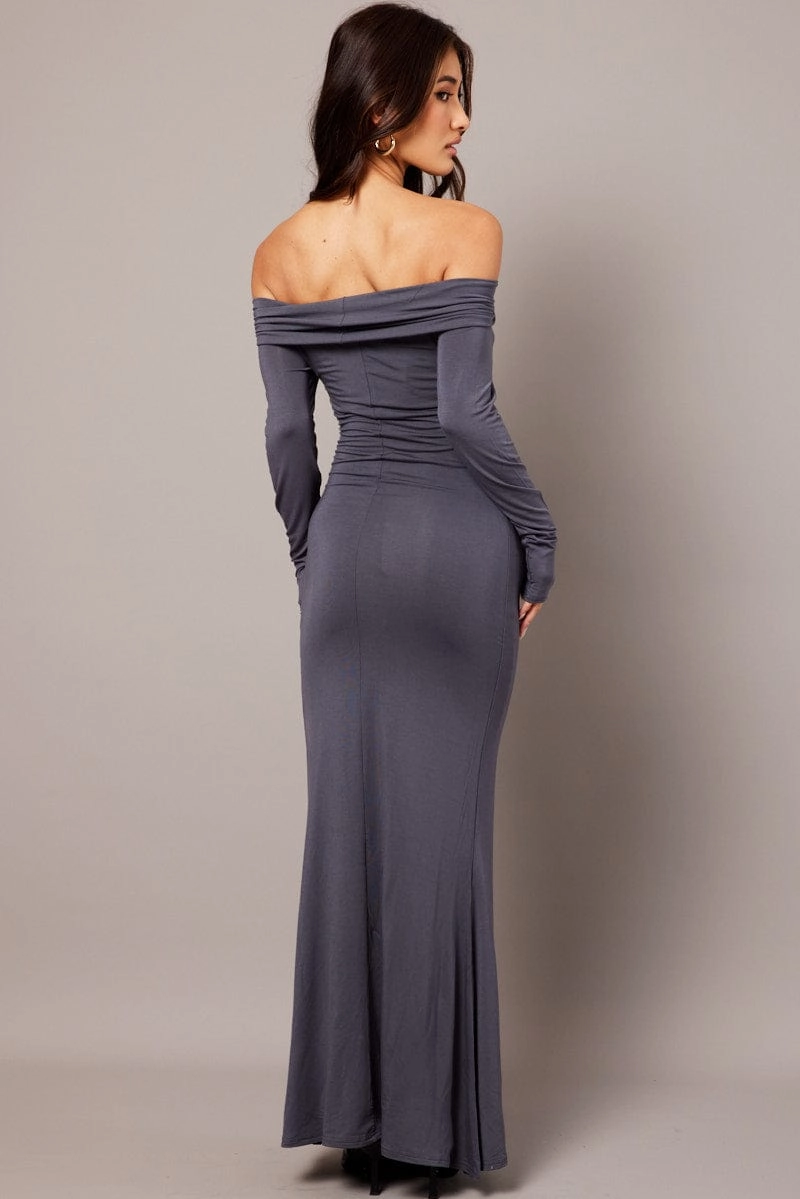 Grey Off Shoulder Dress Long Sleeve Maxi