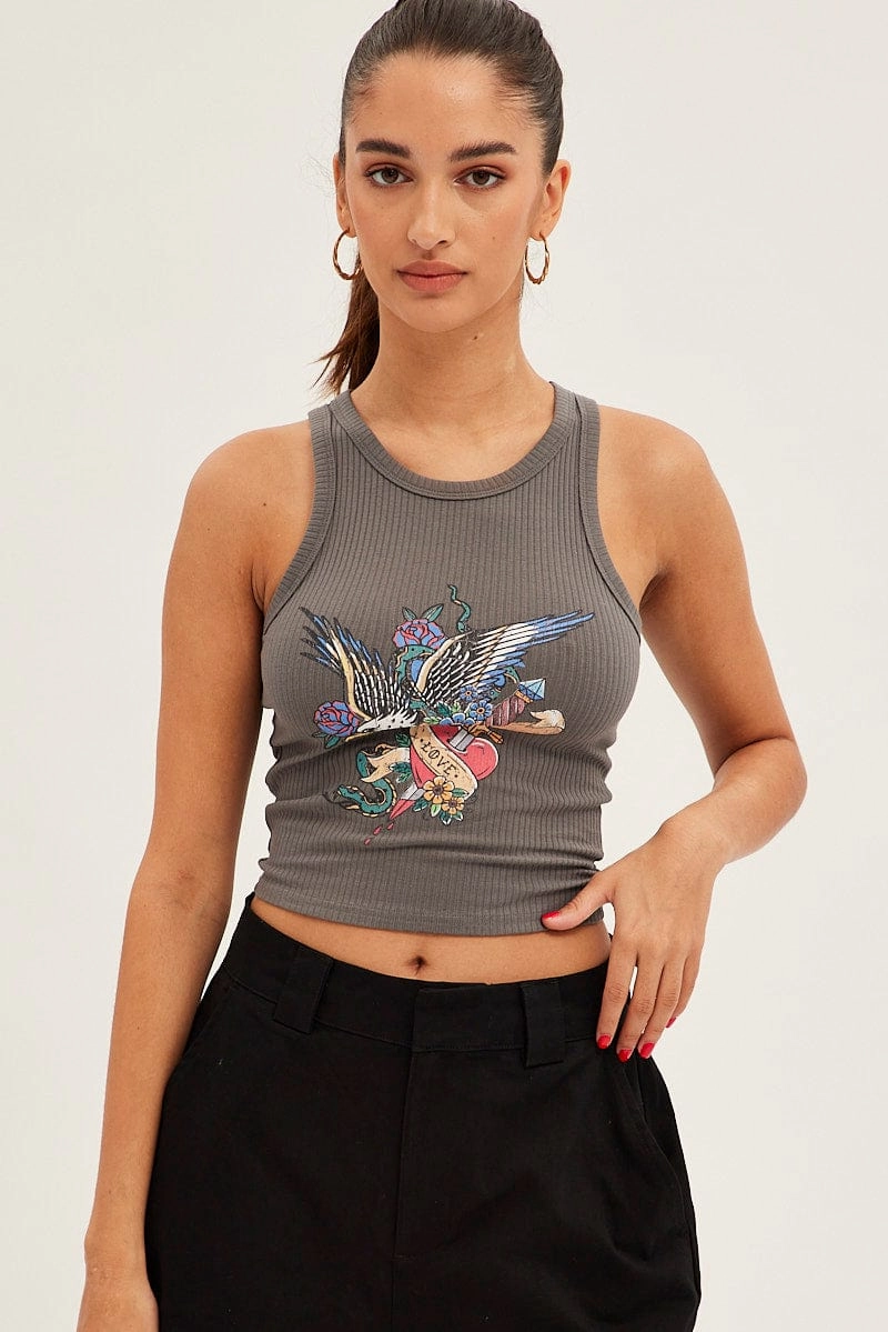 Grey Tank Sleeveless Crew Neck Rib Eagle Graphic