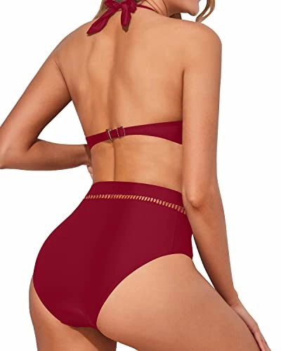 Halter Neck Padded Bra Bikini Two Piece Swimsuits For Women-Red
