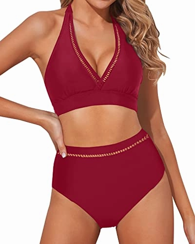 Halter Neck Padded Bra Bikini Two Piece Swimsuits For Women-Red