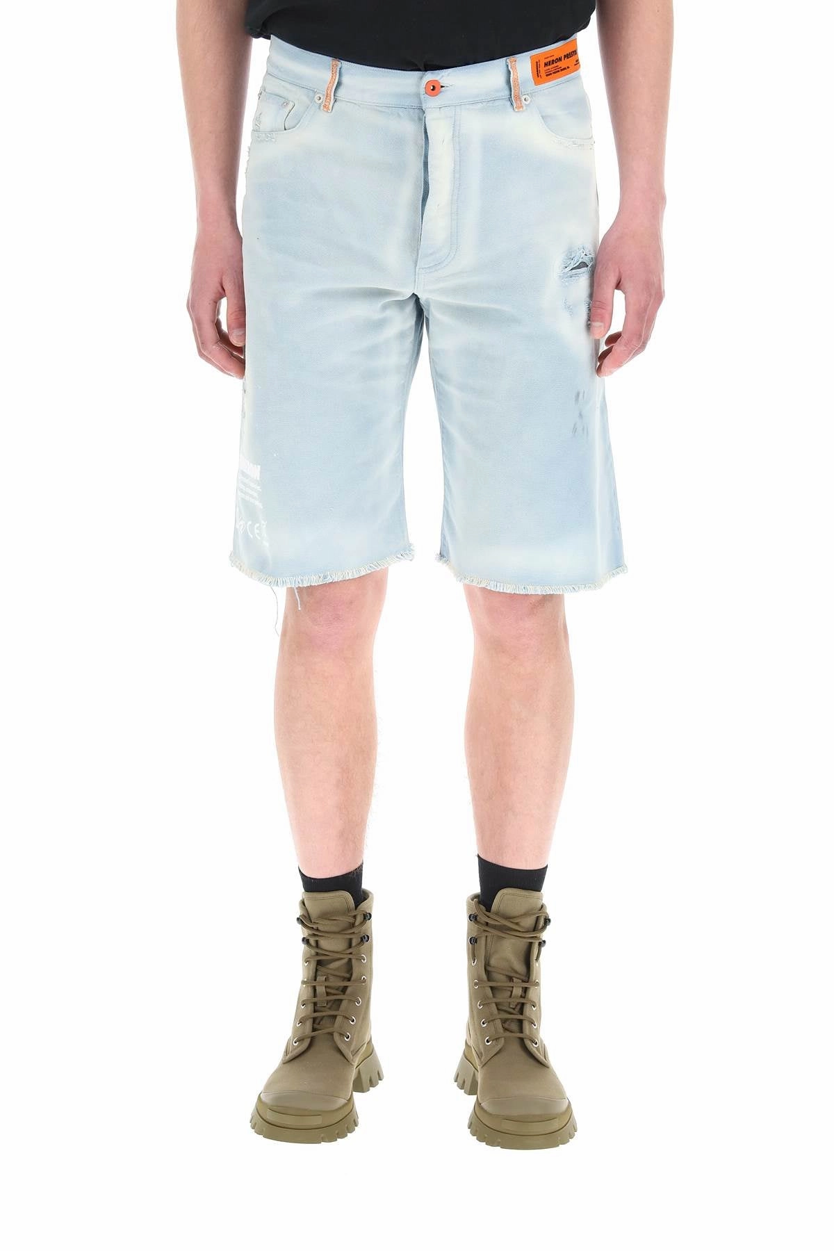 Heron Preston Logo Patch Distressed Denim Shorts