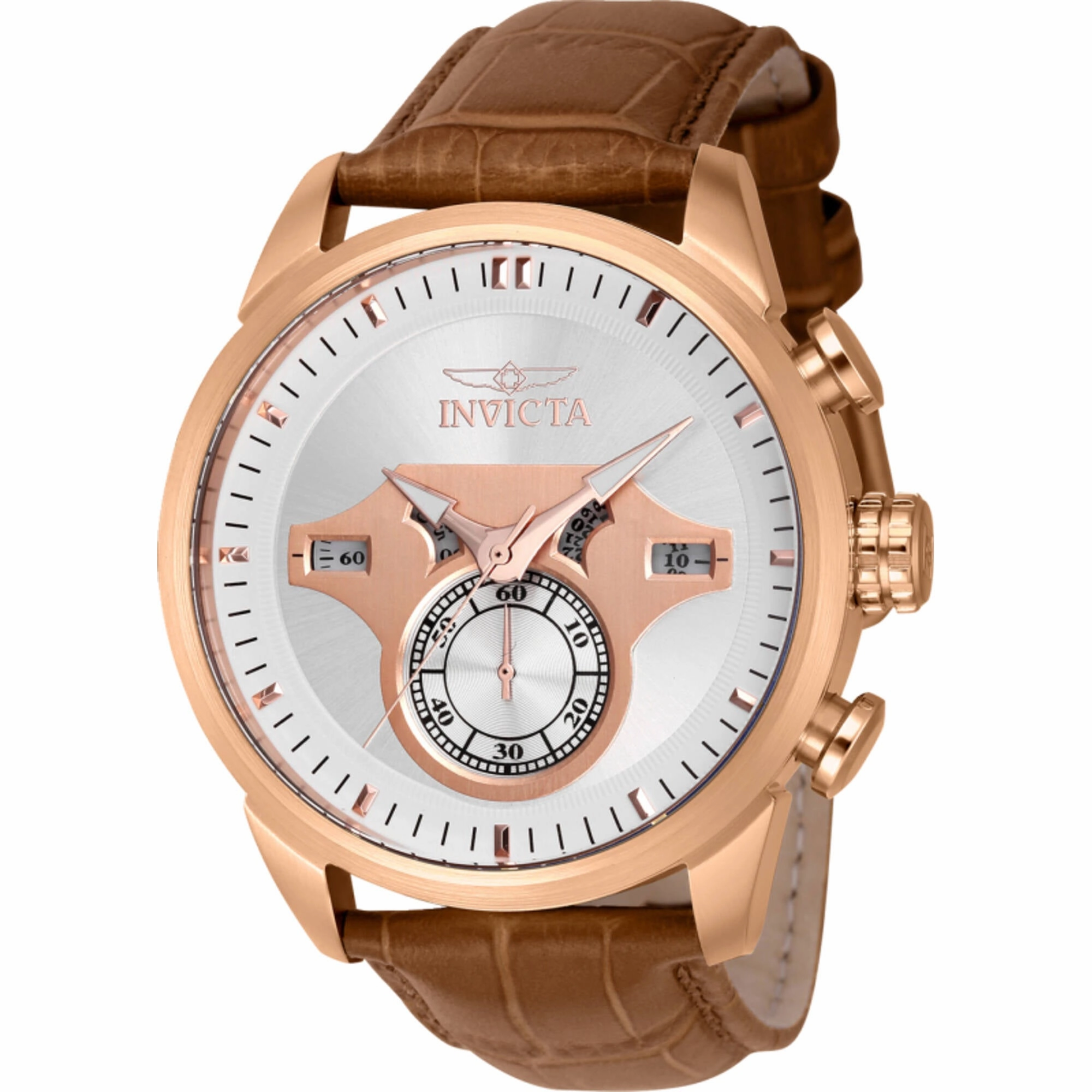 Invicta Men's Watch - Objet D Art Silver and Rose Gold Dial Light Brown Strap | 43618