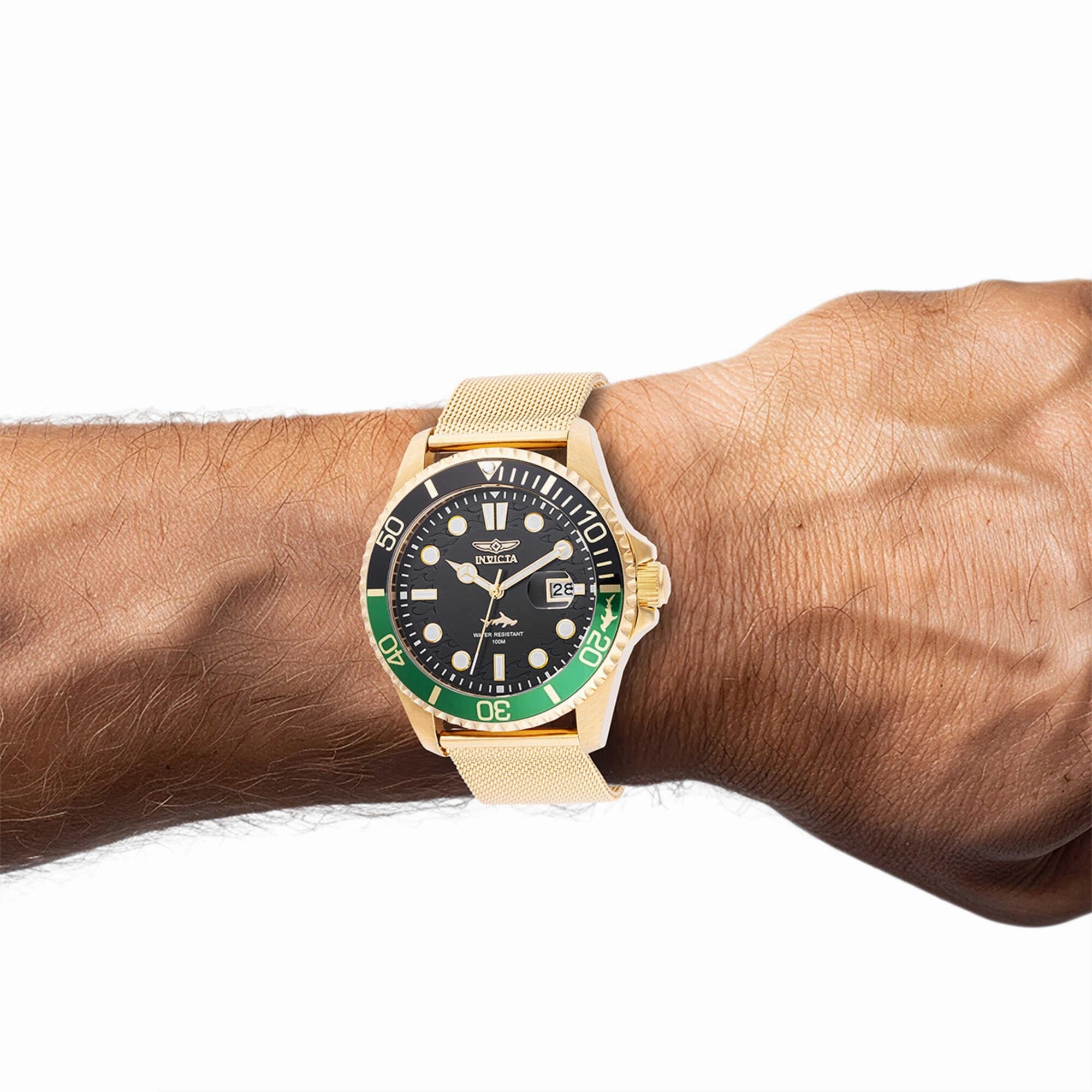 Invicta Men's Watch - Pro Diver Green, Black, Gold Tone Bezel Mesh Bracelet | 47179