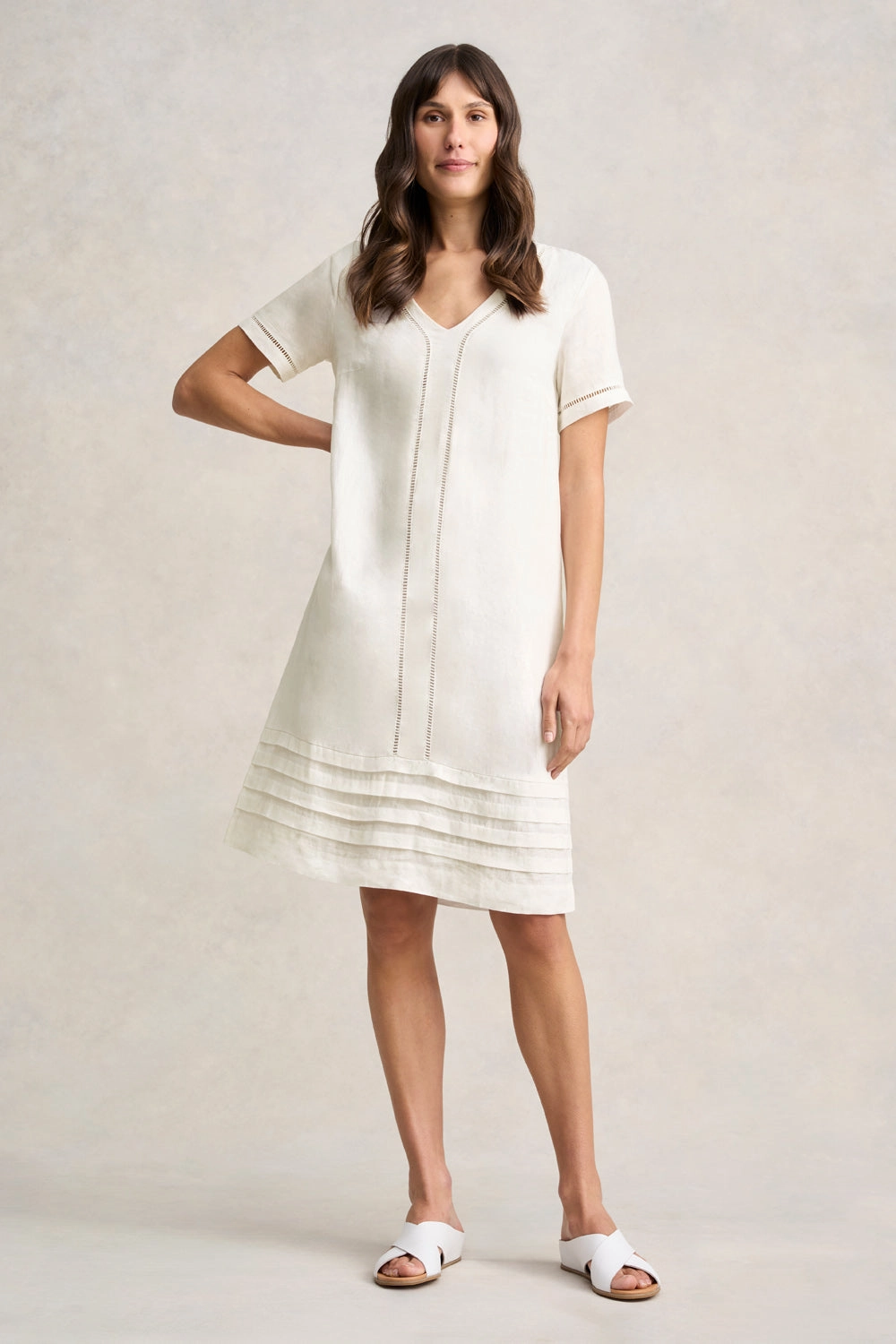 Ladder Trim Linen Dress - Chalk