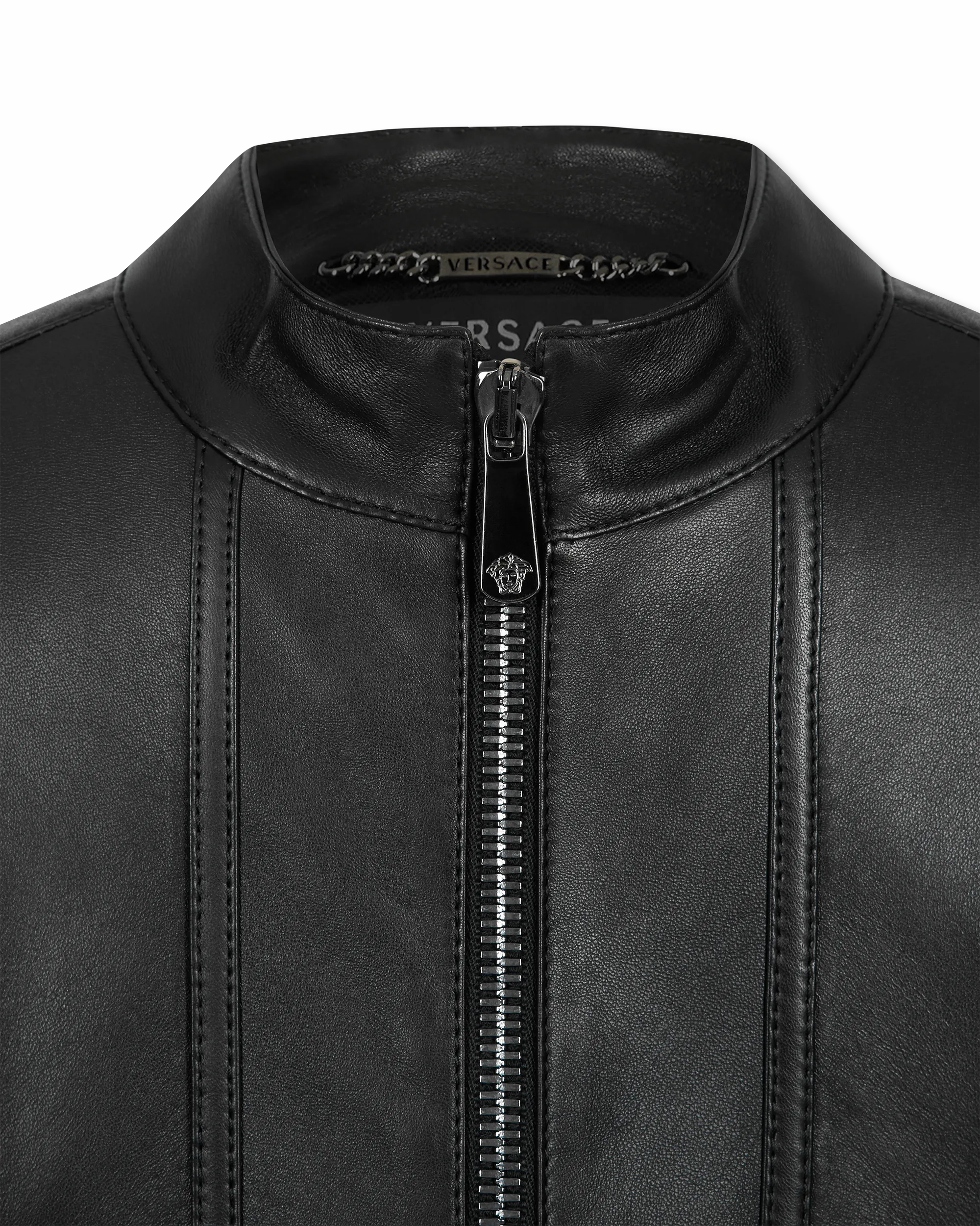 Leather Moto Jacket With Woven Chain Detail