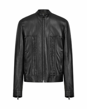 Leather Moto Jacket With Woven Chain Detail