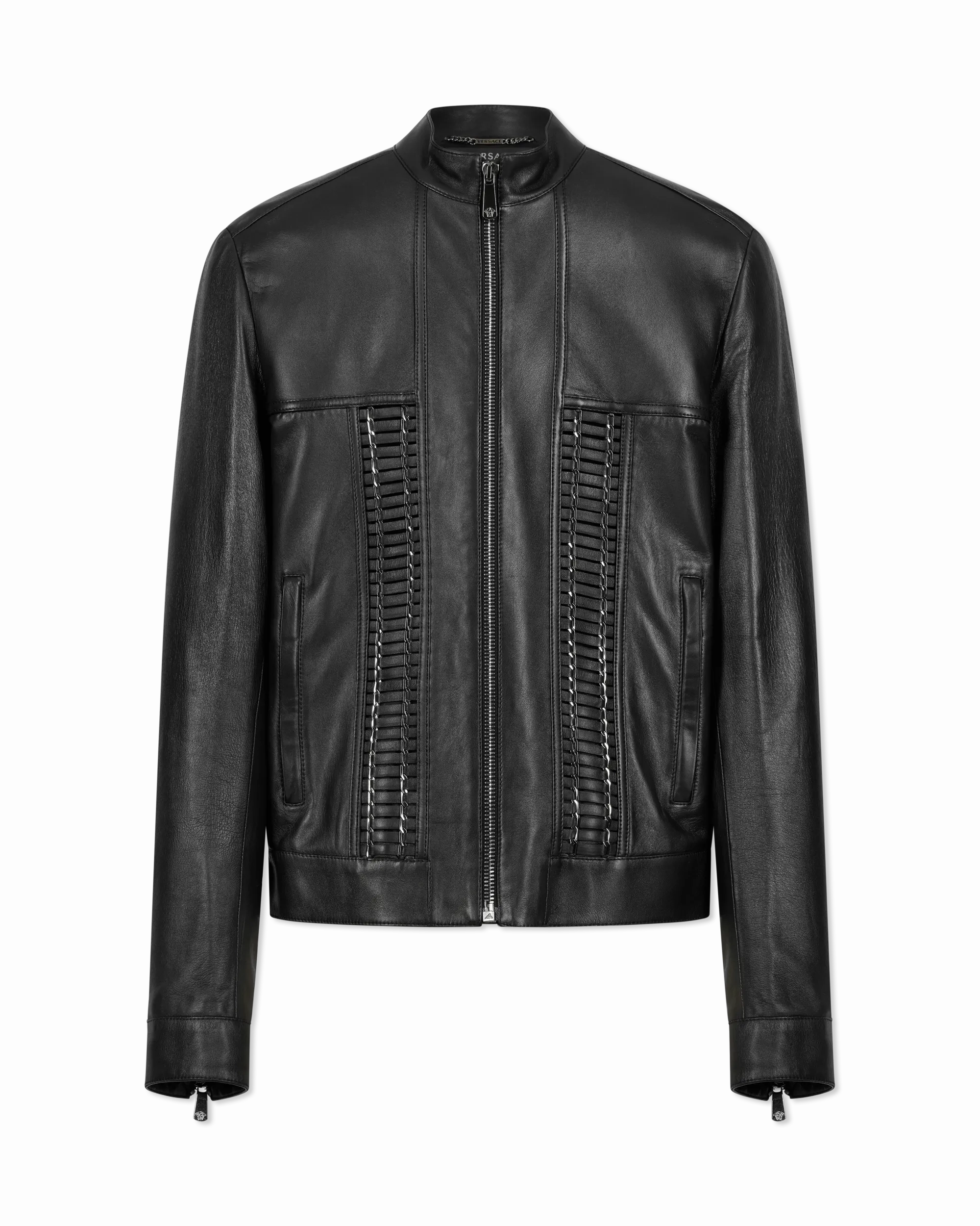 Leather Moto Jacket With Woven Chain Detail