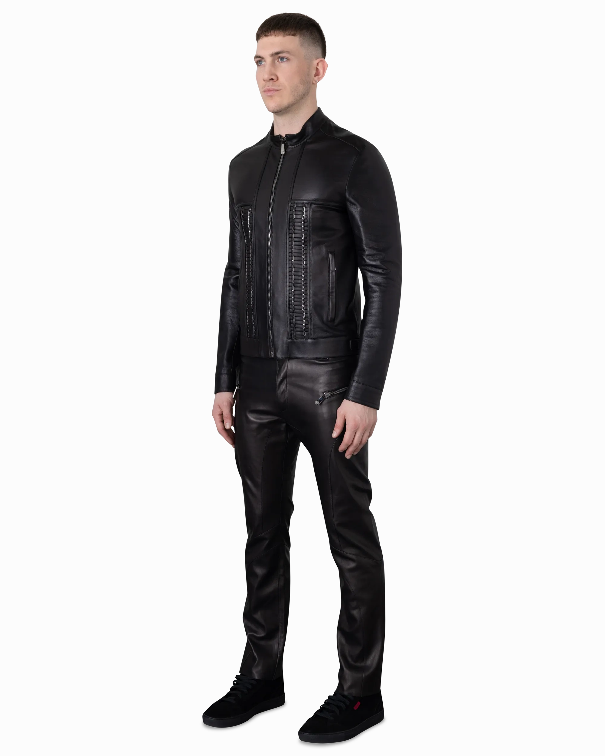 Leather Moto Jacket With Woven Chain Detail