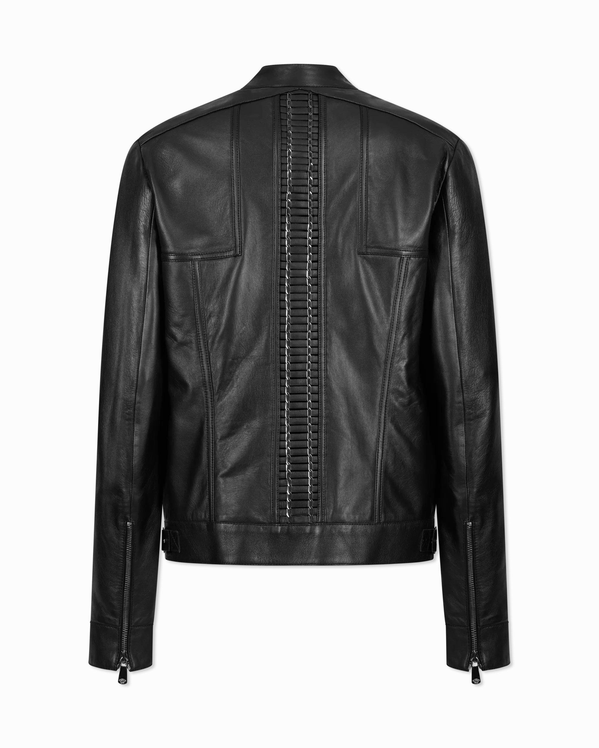 Leather Moto Jacket With Woven Chain Detail