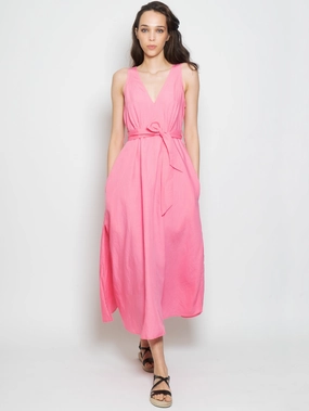 Longuette Dress with Pink V-Neck