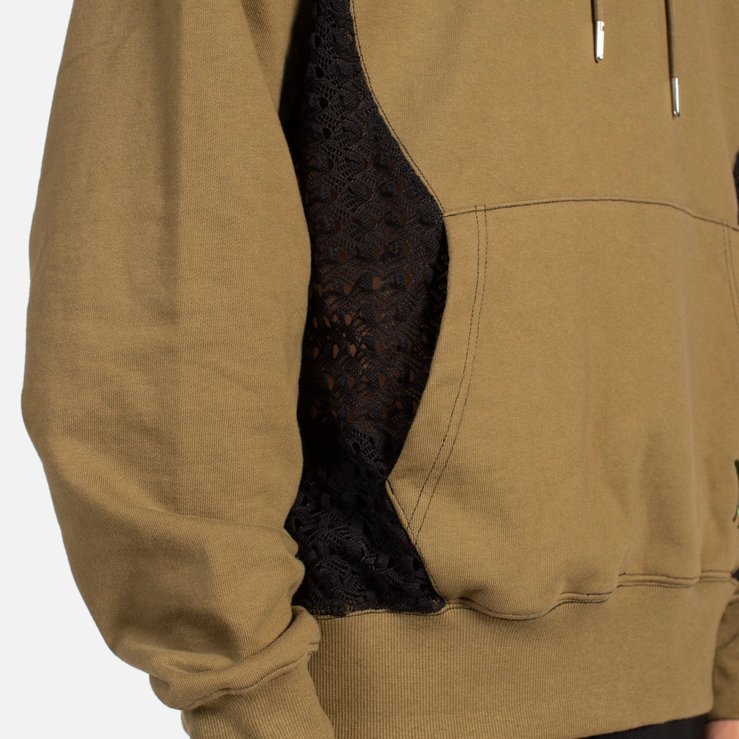 Mesh Panel Constrast Hoodie Khaki