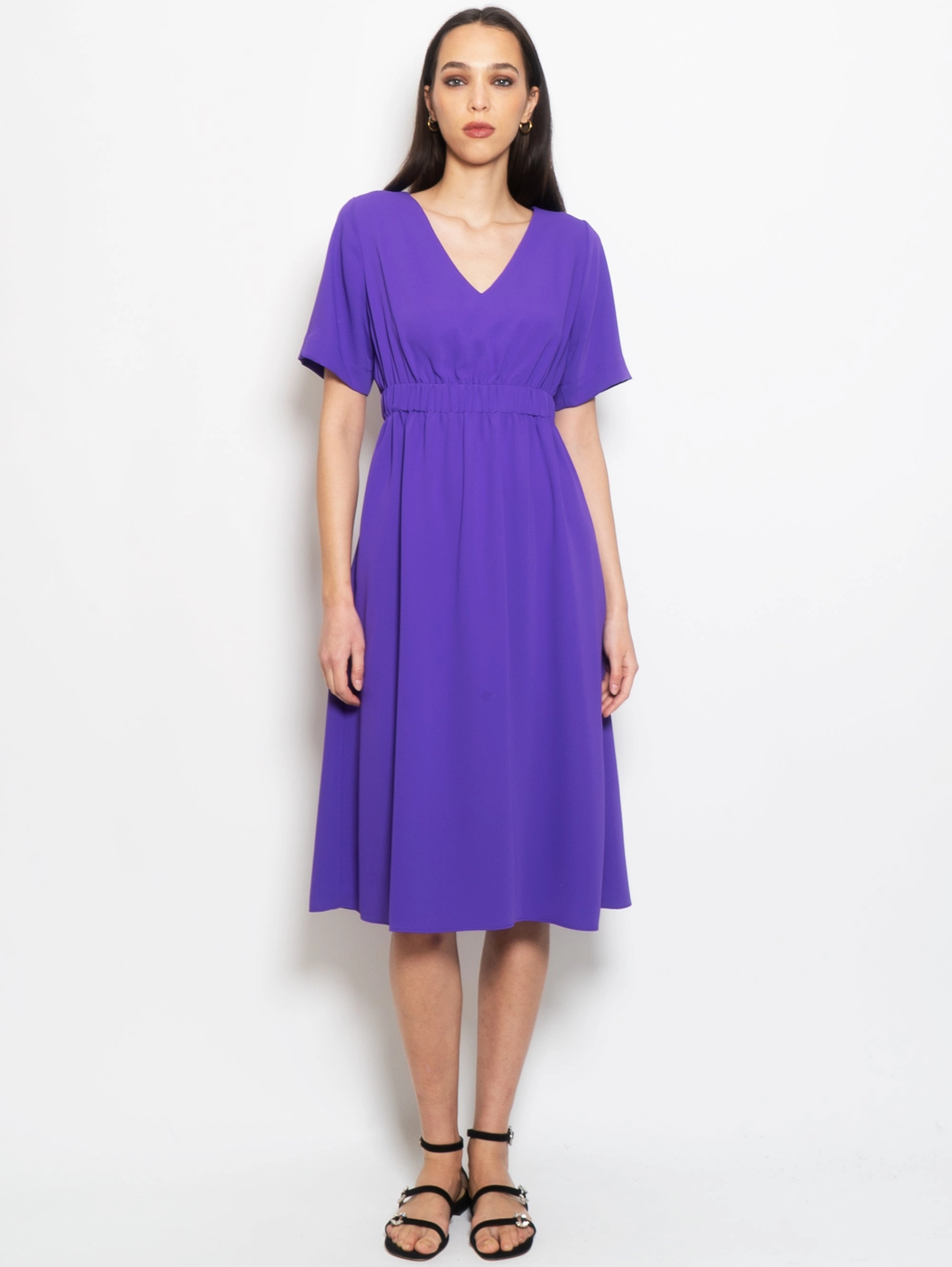 Midi Dress with Purple Short Sleeves