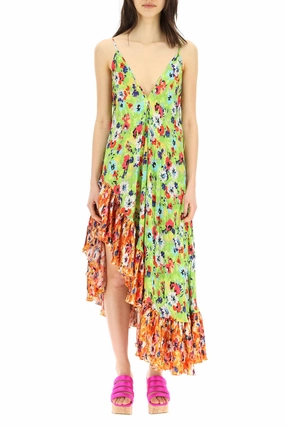 MSGM Allover Floral Printed V-Neck Asymmetric Dress