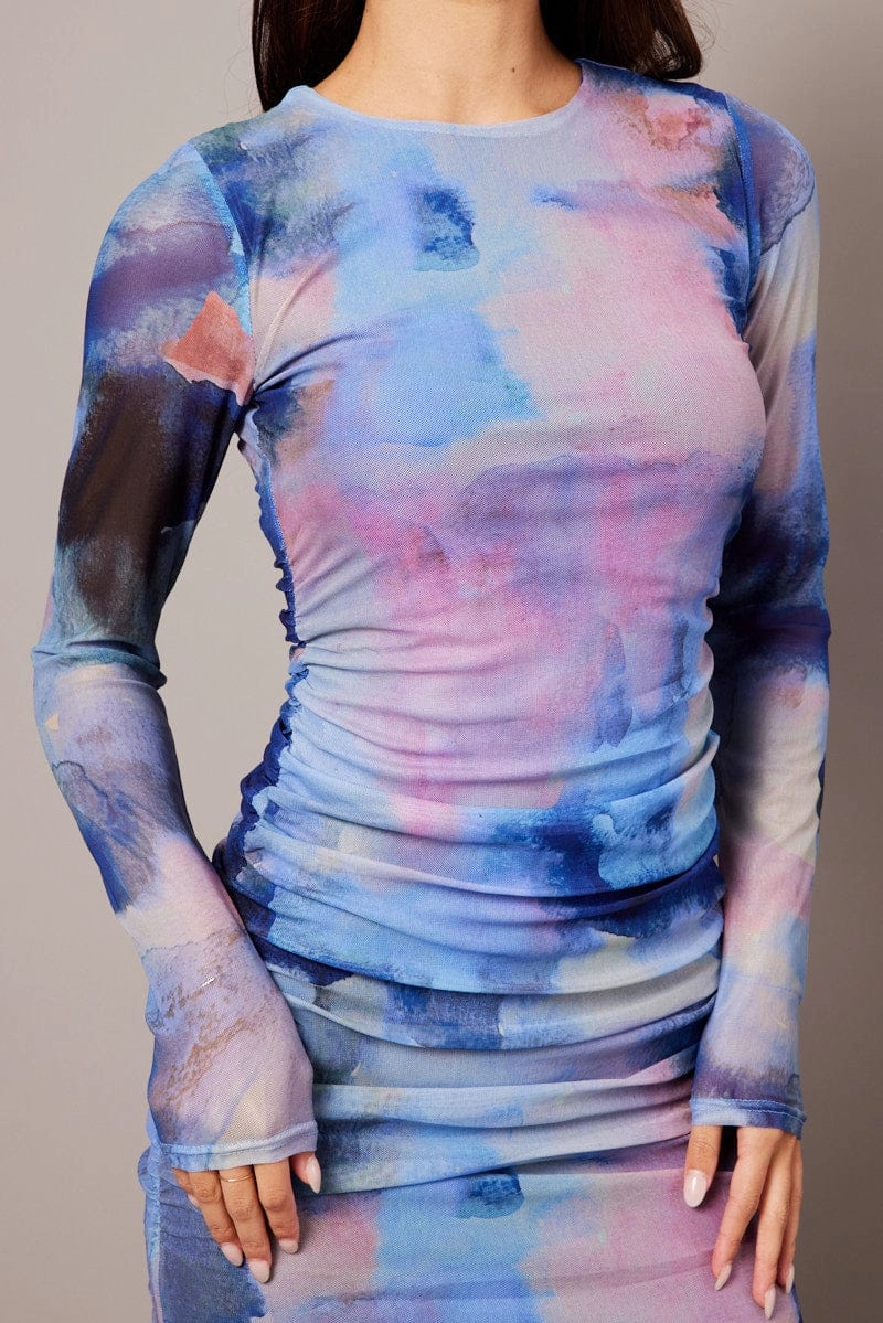 Multi Abstract Bodycon Dress Mini Mesh