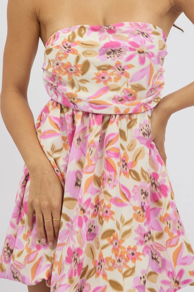 Multi Floral Strapless Dress Bubble Mini