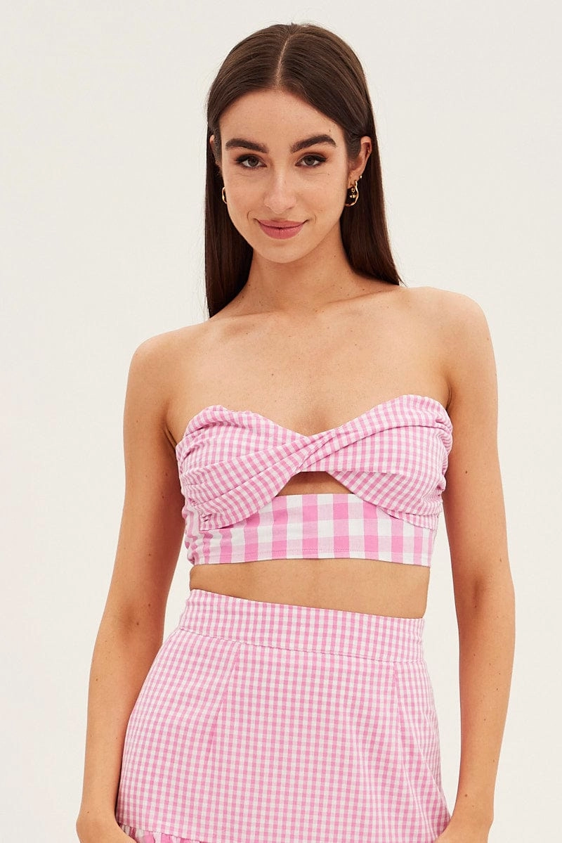 Pink Check Bandeau Twist Front Sleeveless Crop