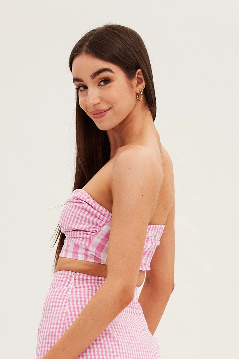 Pink Check Bandeau Twist Front Sleeveless Crop