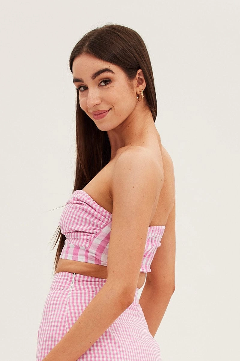 Pink Check Bandeau Twist Front Sleeveless Crop
