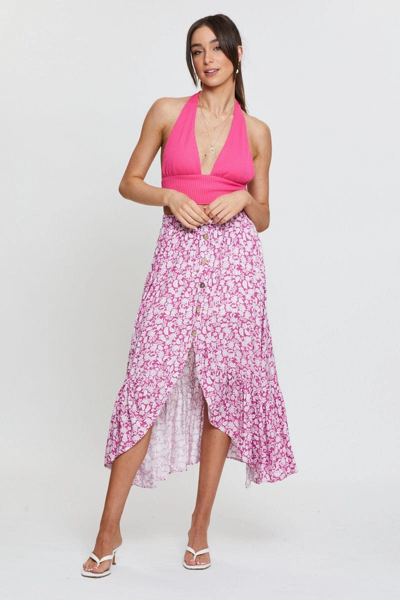 Pink Jersey Top Halter Neck Ribbed