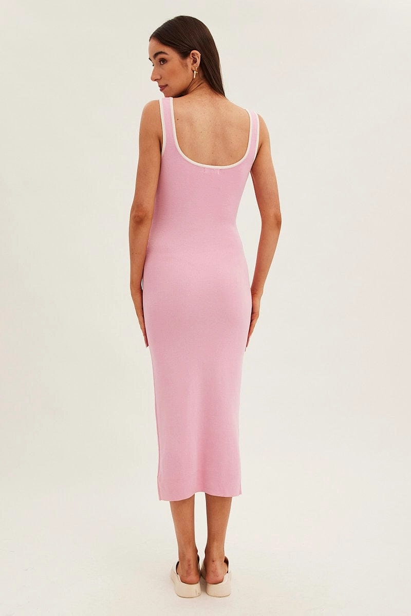 Pink Knit Dress Midi Sleeveless Contrast Binding