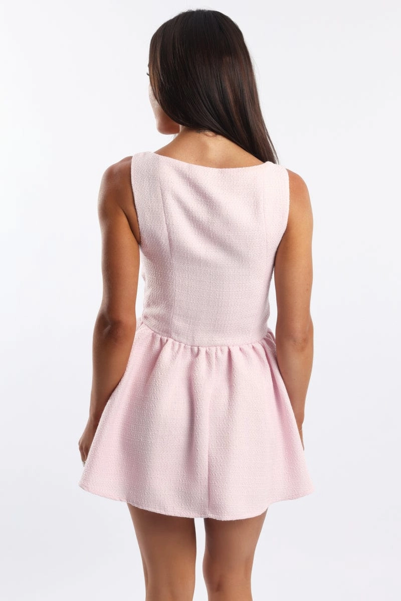 Pink Mini Dress Square Neck Tweed Fabric