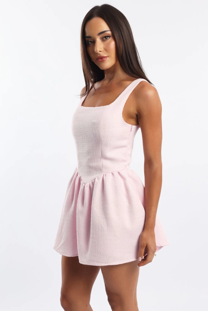 Pink Mini Dress Square Neck Tweed Fabric