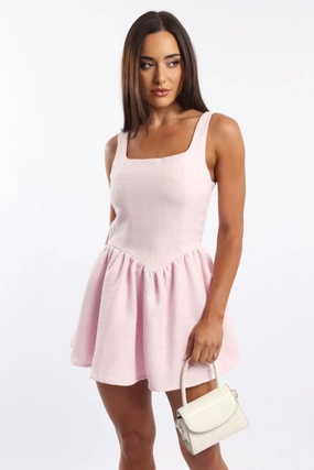 Pink Mini Dress Square Neck Tweed Fabric