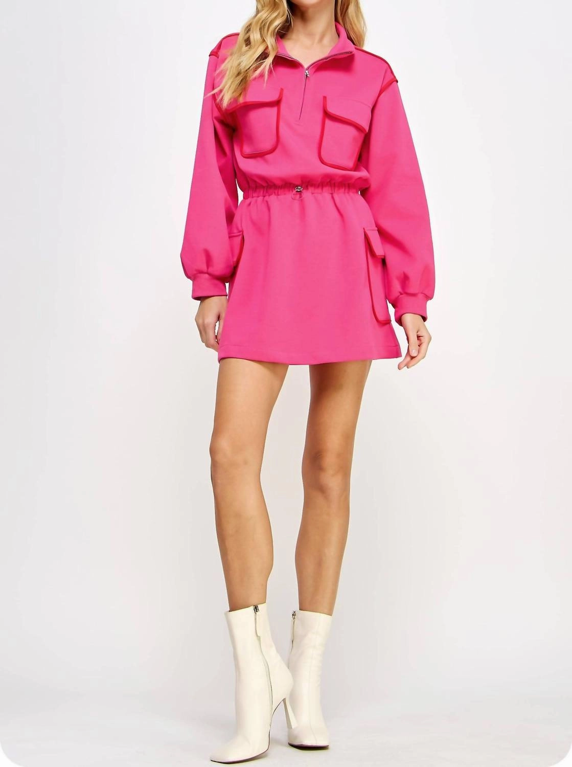 Piping Contrast Cargo Dress In Fuchsia/red
