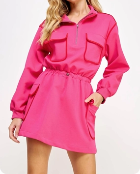 Piping Contrast Cargo Dress In Fuchsia/red