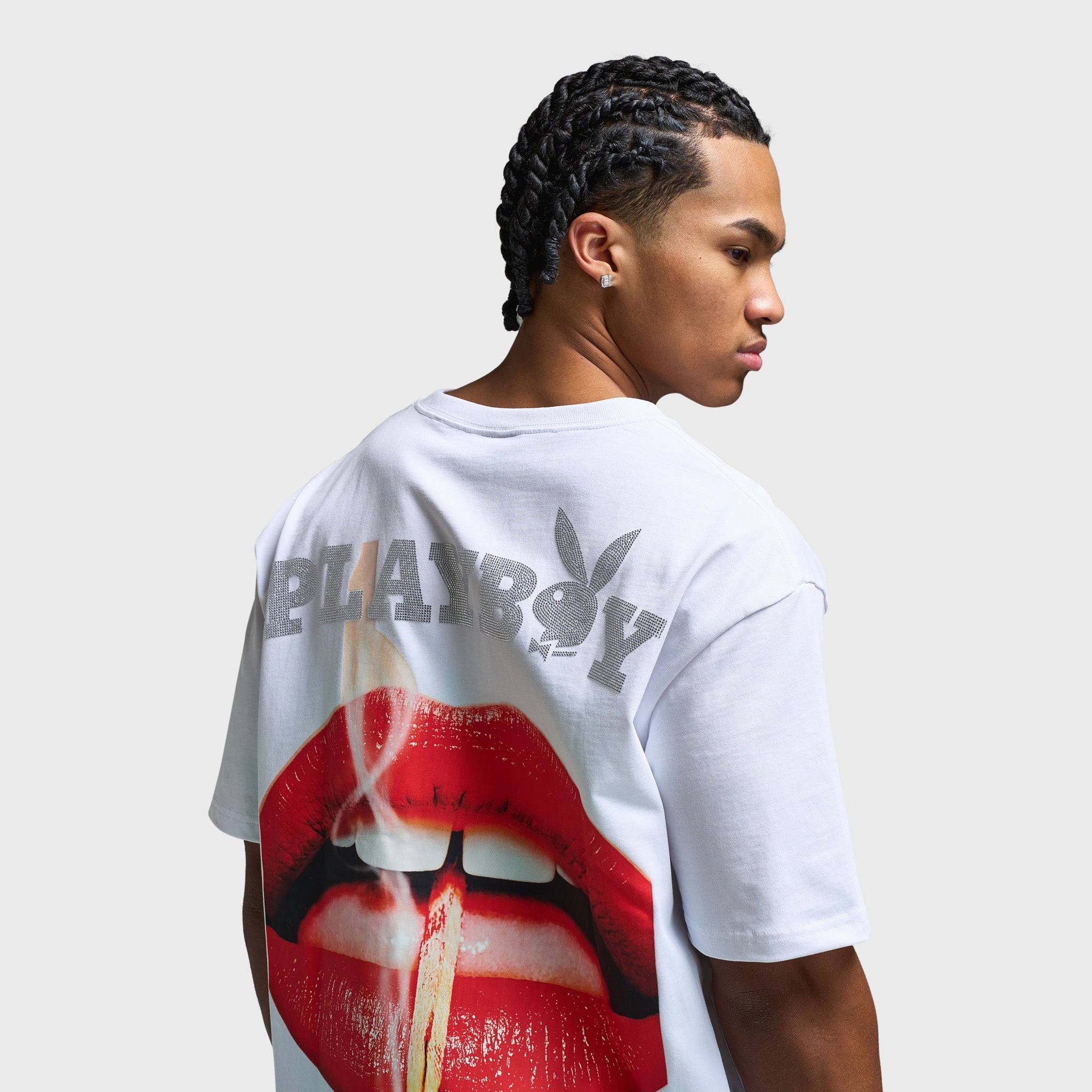 Playboy Women's Lips Diamonte Graphic T-Shirt / White