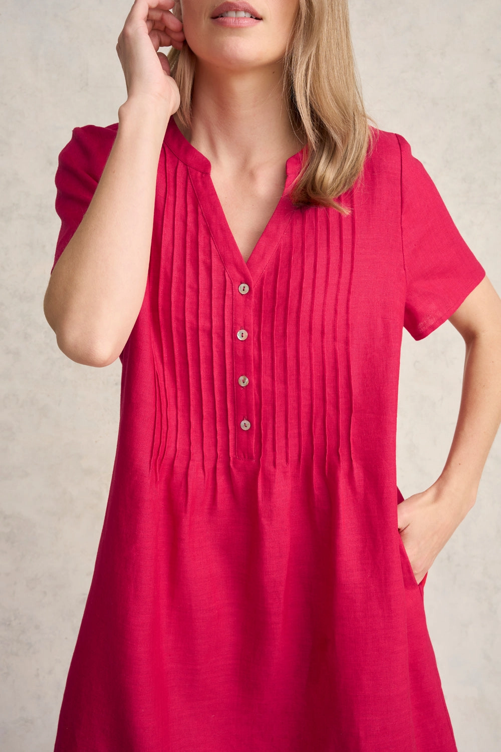 Pleated Front French Linen Dress - Rouge