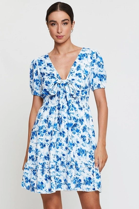 Print Mini Dress Short Sleeve V Neck Tie