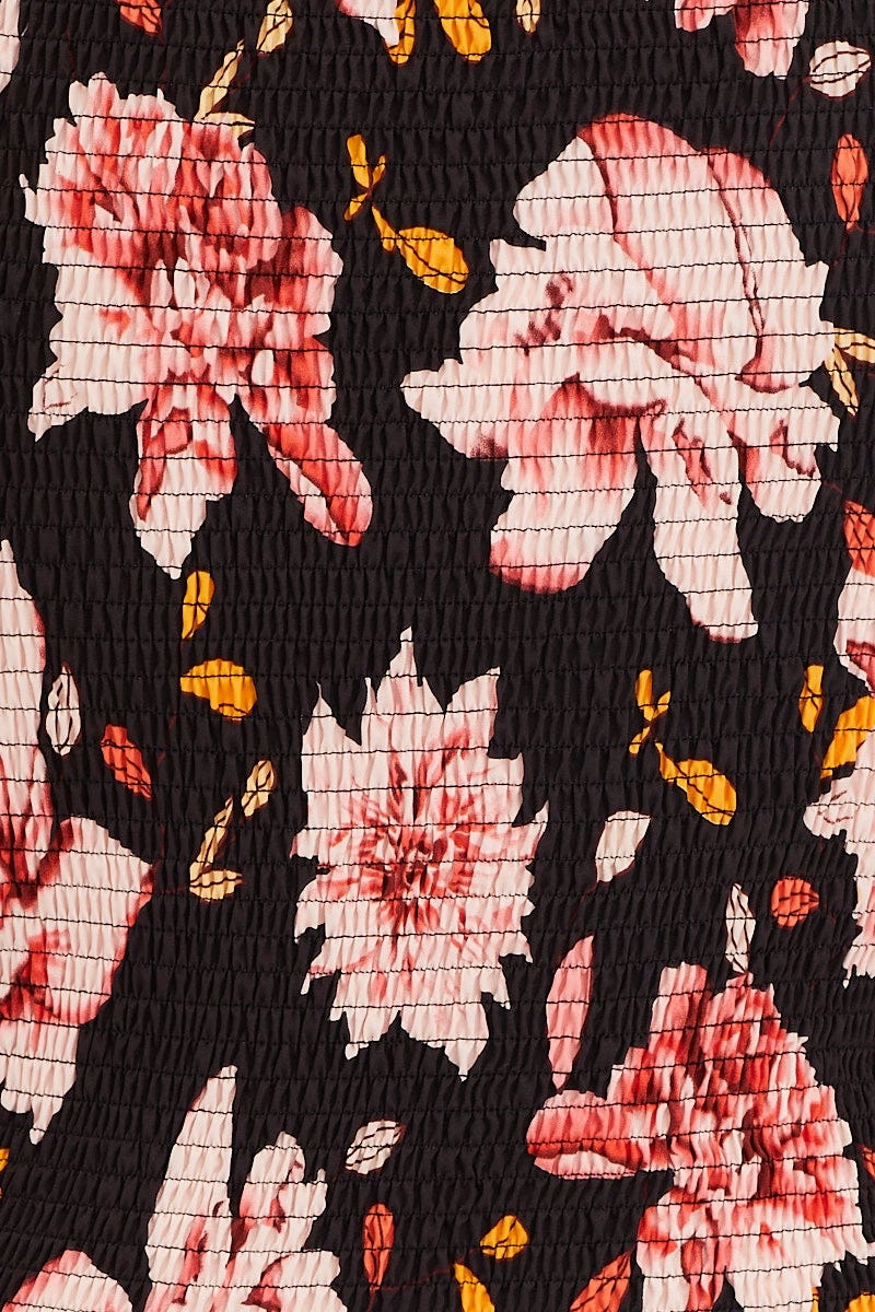 Print Shirred Midi Dress