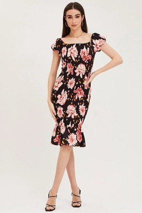 Print Shirred Midi Dress