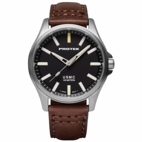 Protek Men's Watch - USMC Series Quartz Black Dial Dark Brown Leather Strap | 3101