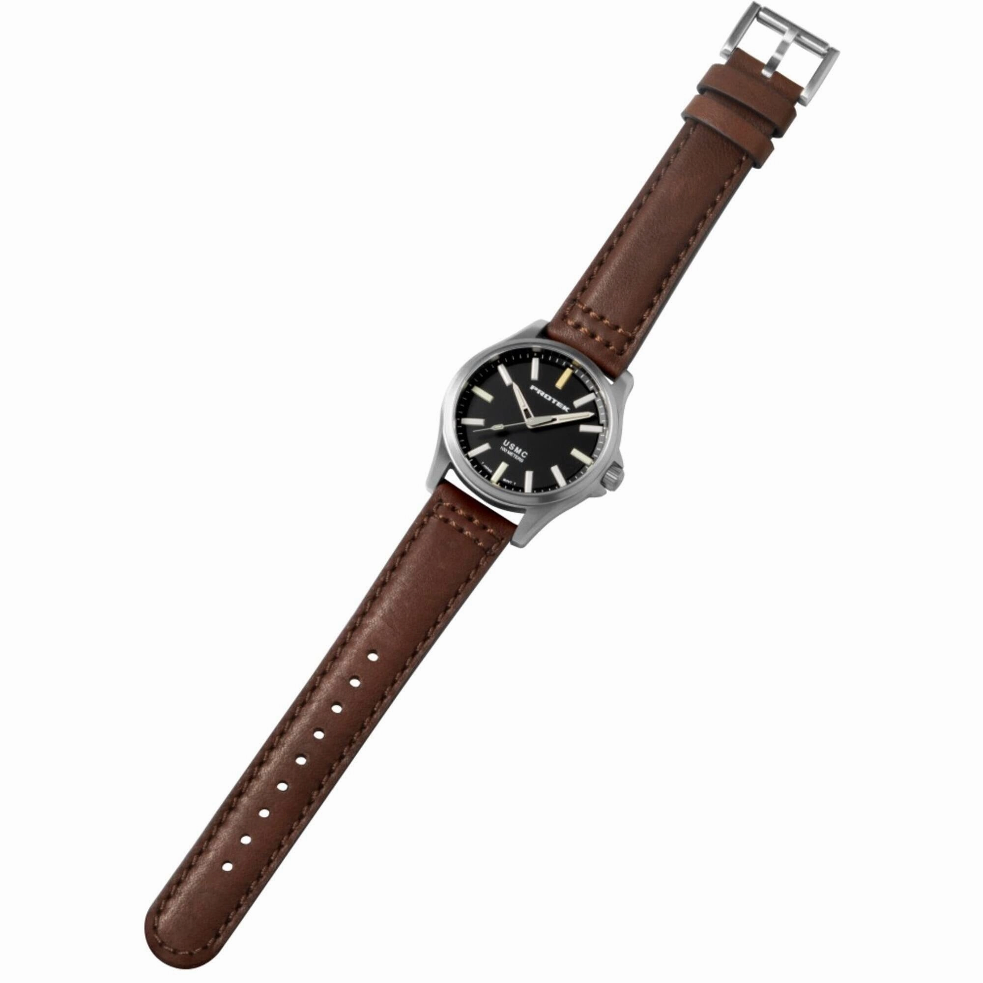 Protek Men's Watch - USMC Series Quartz Black Dial Dark Brown Leather Strap | 3101