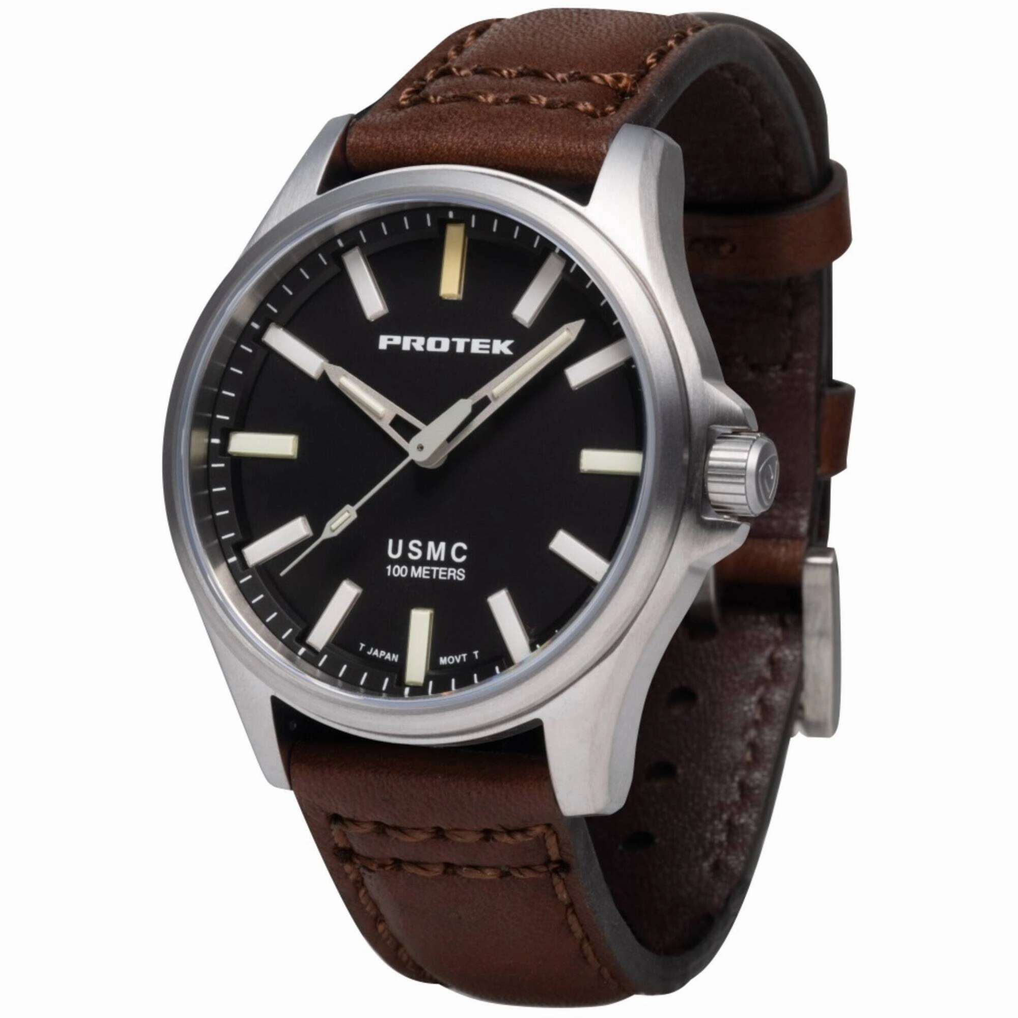 Protek Men's Watch - USMC Series Quartz Black Dial Dark Brown Leather Strap | 3101