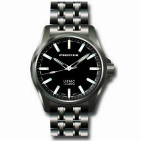 Protek Men's Watch - USMC Series Quartz Solid Black Dial Gunmetal Bracelet | 3102BR