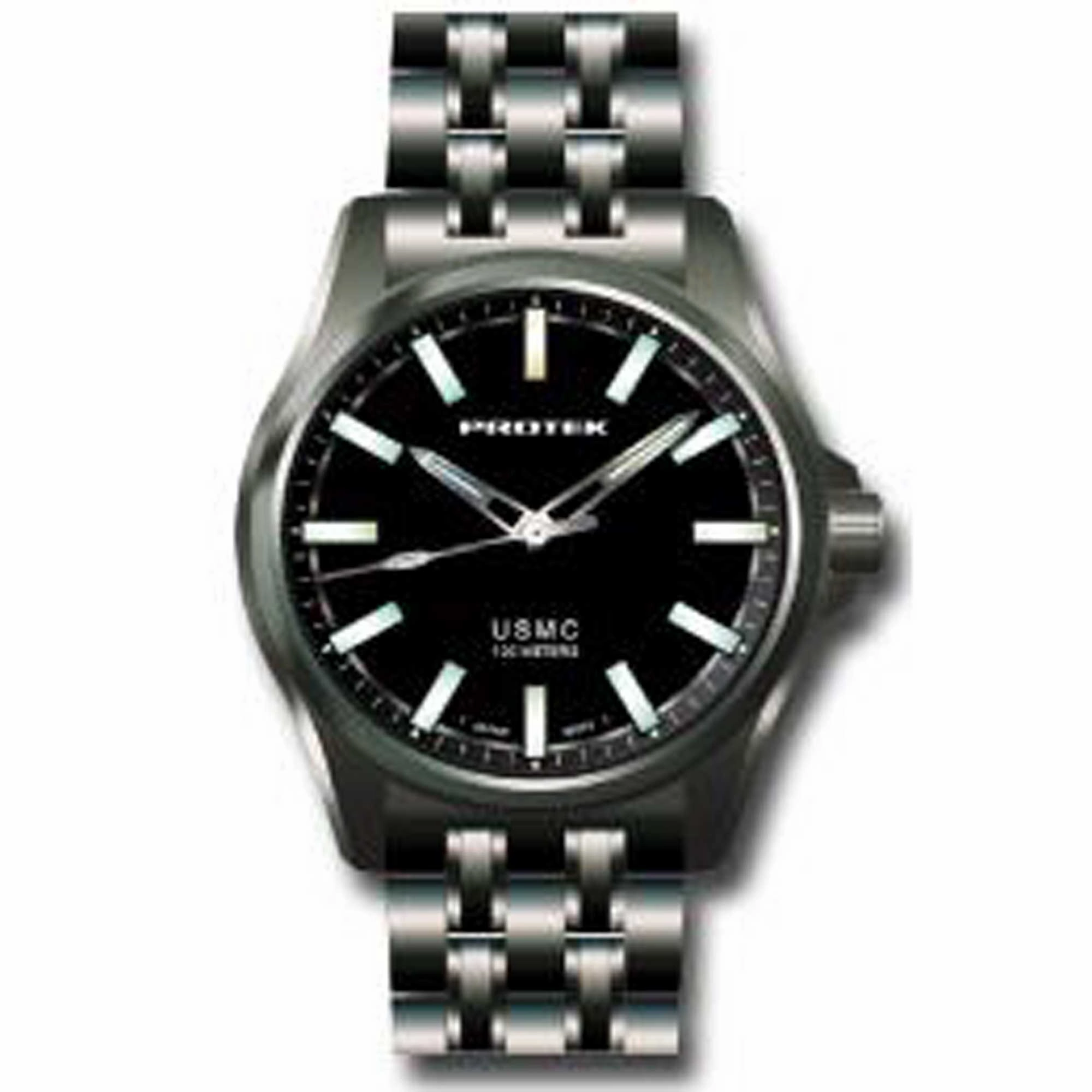 Protek Men's Watch - USMC Series Quartz Solid Black Dial Gunmetal Bracelet | 3102BR