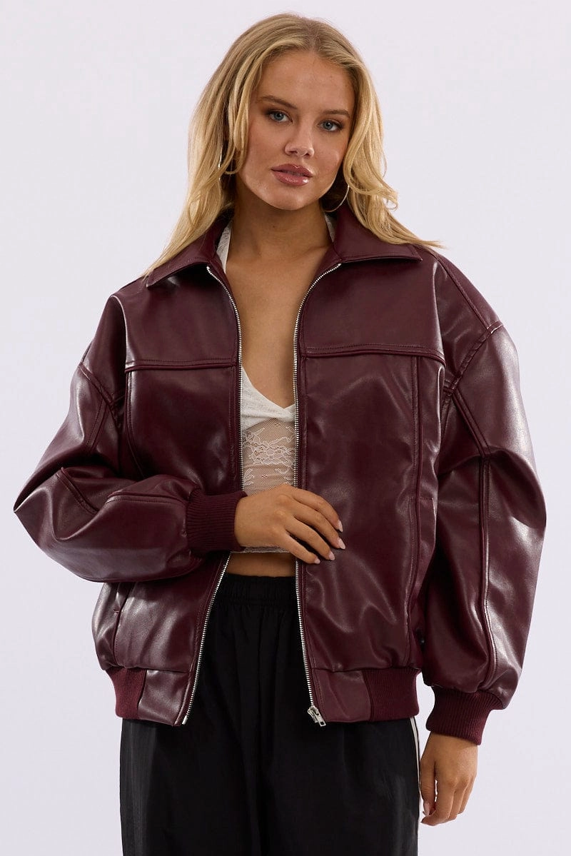 Red Bomber Jacket Faux Leather