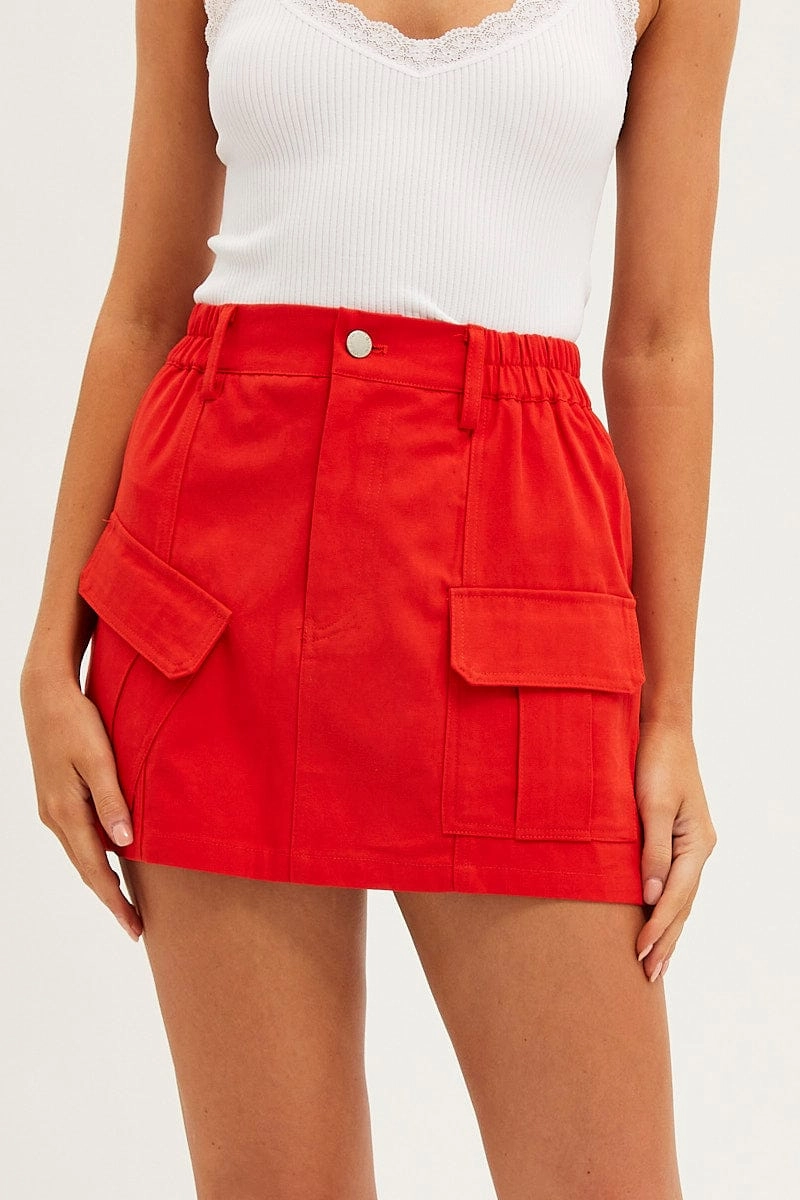 Red Mini Skirt Cargo Cotton Blend