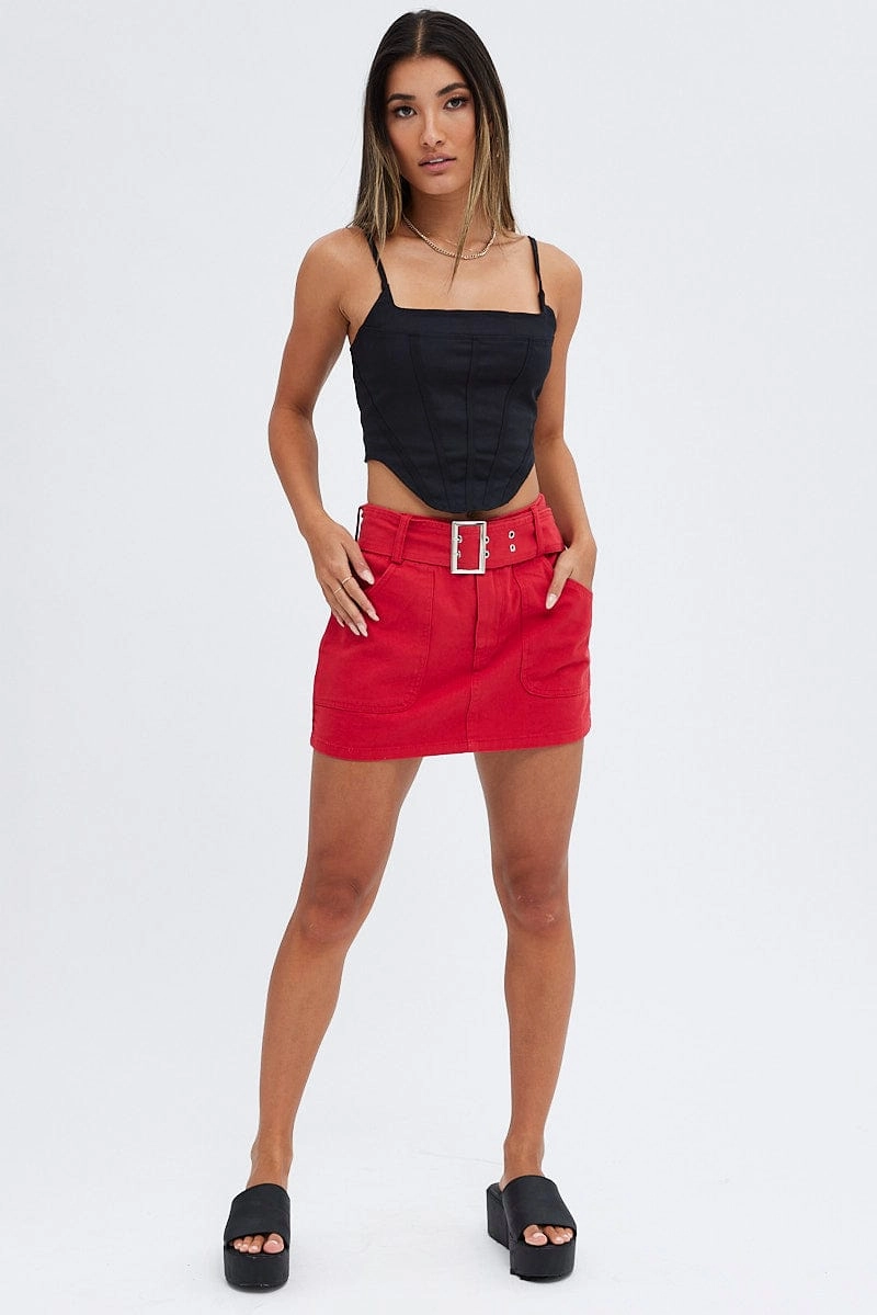 Red Mini Skirt Low Rise Belted Cotton Blend