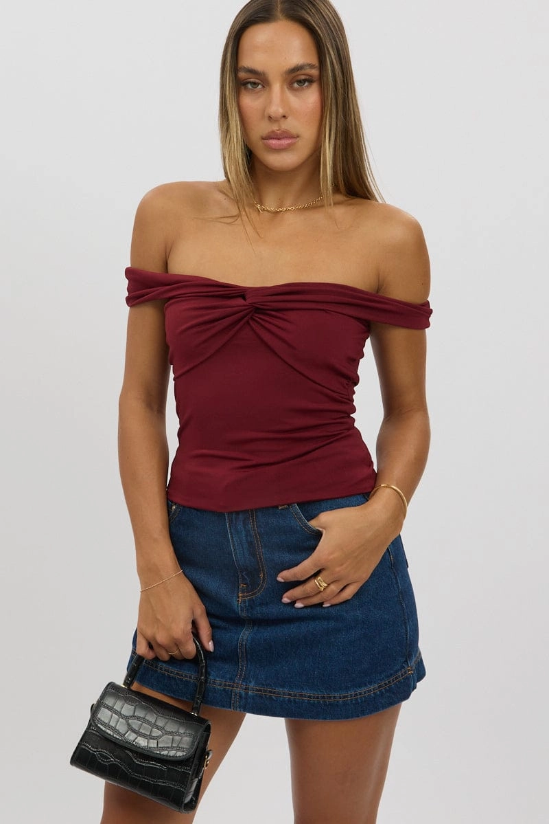 Red Off Shoulder Top Twisted Bust