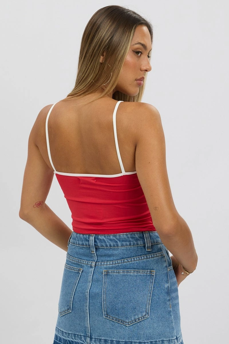Red Singlet Top Contrast Piping