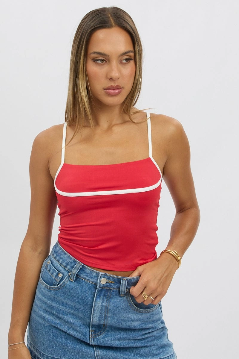 Red Singlet Top Contrast Piping