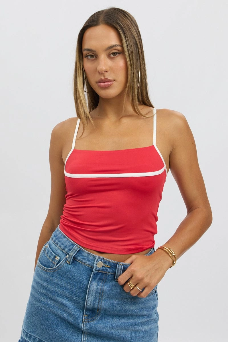 Red Singlet Top Contrast Piping